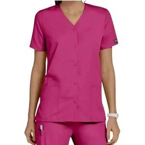 Cherokee Workwear Originals Women's Raspberry Pink Poly/Cotton V-Neck Snap Front